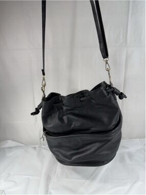 KENAR Black Drawstring Bucket Handbag vintage 90's leather